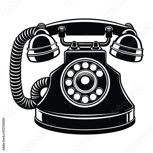 Vintage Rotary Phone Silhouette Black and White Illustration Classic Communication on White Background