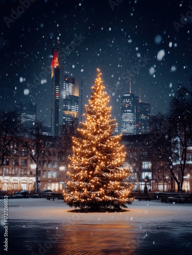 Festive Christmas Tree in Snowy City Square at Night