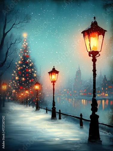 Festive Winter Night with Christmas Tree, Lampposts, and Falling