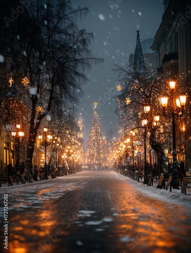 Festive Winter City Street Decorated with Golden Christmas Light