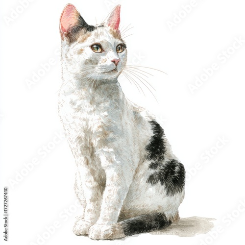 Elegant White and Gray Cat with Striking Green Eyes Sitting Gracefully