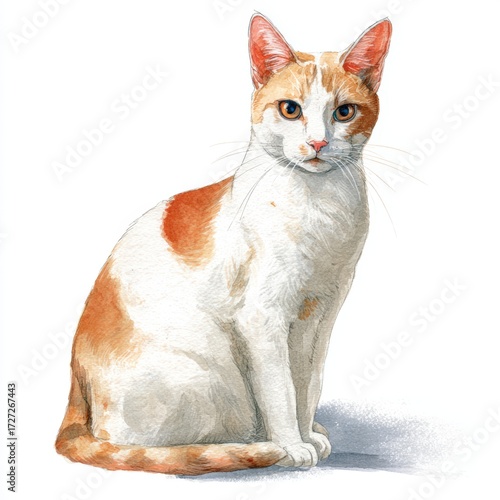 Charming White Cat with Orange Markings Sitting Gracefully