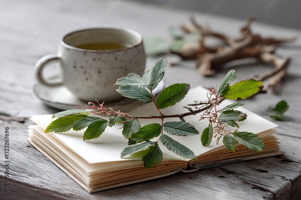 custom made wallpaper toronto digitalRelaxing tea break with blank pages and natural leaves on a rustic surface, evoking peace and calm.