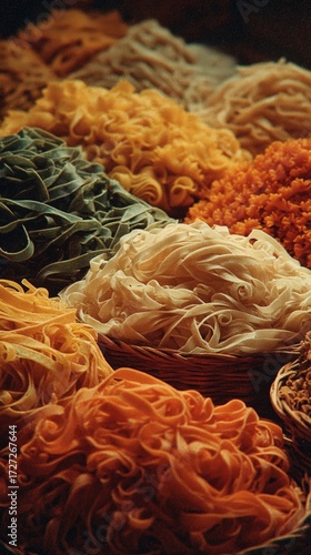 Colorful Assortment of Fresh Pasta Shapes and Textures in Display