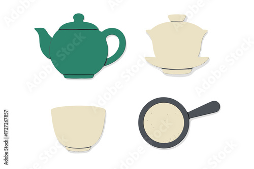 Teapot, cups, and strainer set arranged on a light background in a modern style suitable for tea enthusiasts