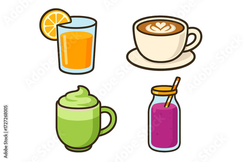 Colorful drinks featuring orange juice, coffee, matcha, and fruit smoothie on a white background