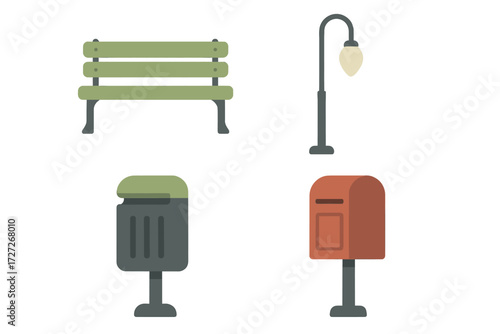 City park elements including a bench, lamp post, trash can, and mailbox in a simple design suitable for urban layouts