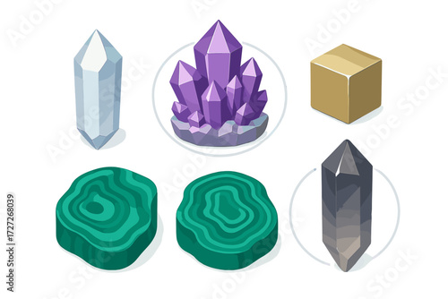 Different types of gemstones and crystals displayed in a clear layout with various colors and shapes