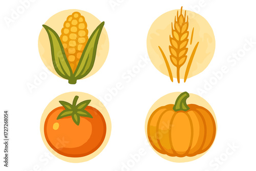 Colorful illustrations of corn, wheat, tomato, and pumpkin on a light background celebrate harvest season and agriculture