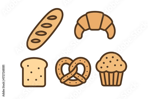 Various types of baked goods including bread, croissant, pretzel, and muffin displayed on a simple background