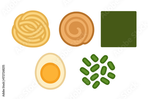 Different types of ramen ingredients including noodles, nori, egg, and green toppings on a simple background