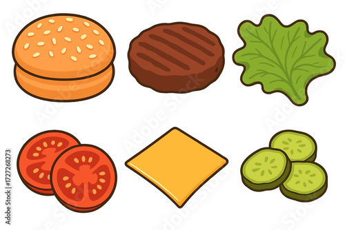 Fresh ingredients arranged for a delicious homemade burger preparation at lunchtime