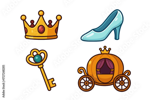 Colorful fantasy icons featuring a crown, shoe, key, and pumpkin carriage for storytelling and design projects