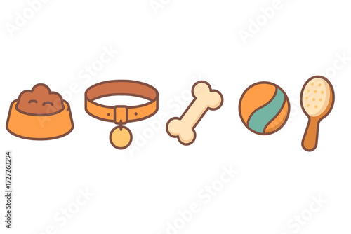 Pet care essentials include food, collar, toys, and grooming tools for happy animals