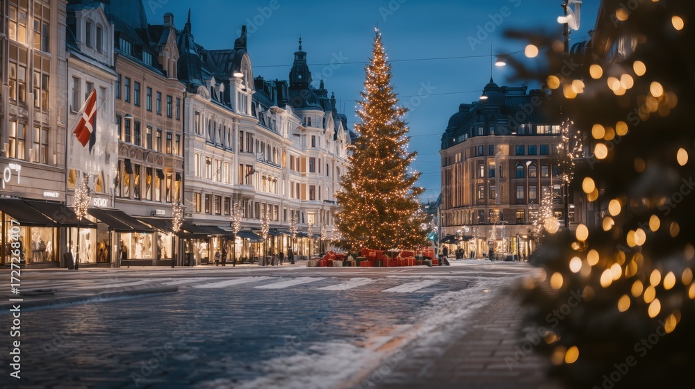 Naklejka premium Festive City Street Scene with Christmas Tree and Lights at Dusk