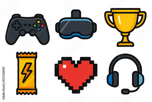 Different gaming icons including a controller, virtual reality headset, trophy, energy bar, heart, and headset