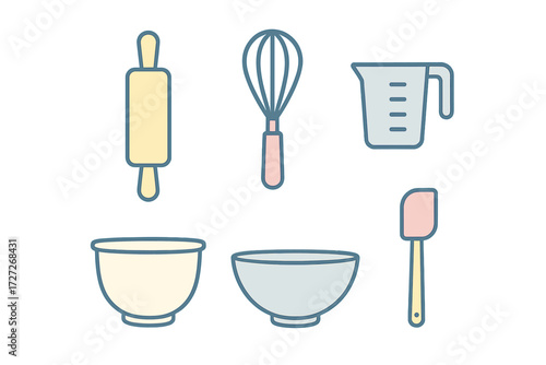 Kitchen utensils for baking displayed on a clean surface, showcasing essential tools for any baker