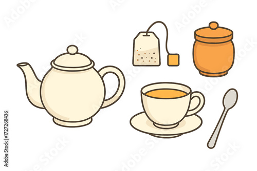 Tea set with teapot, cup, teabag, sugar bowl, and spoon on simple white background