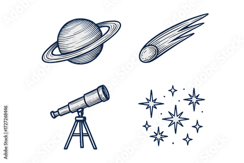 Exploring space with a telescope, observing a comet and planets in the night sky