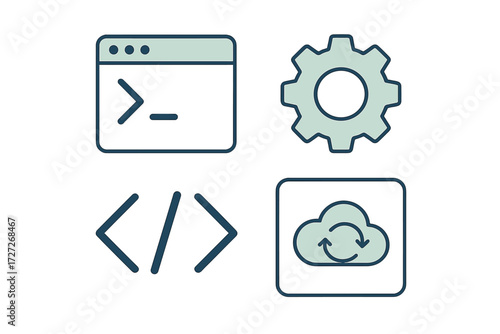 Icons representing coding, development, and cloud computing in a modern design