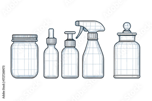 Outline of various bottle designs for packaging and storage in a modern style