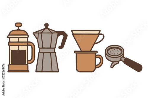 Coffee brewing methods displayed in a simple and stylish design featuring different equipment
