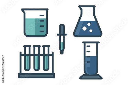 Colorful laboratory equipment including beakers, pipettes, and test tubes arranged for a science experiment in a clean setting