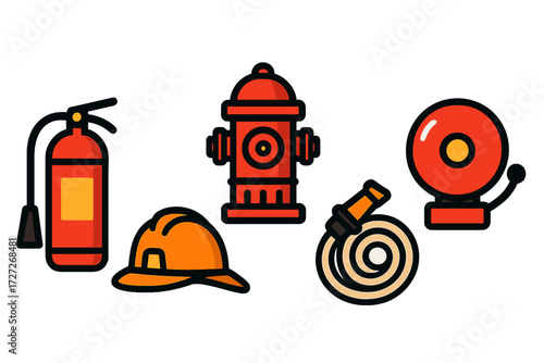 Fire safety equipment including a helmet, fire hydrant, extinguisher, and alarm in a simple design for educational purposes