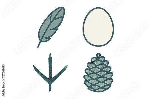 Design elements featuring a feather, egg, bird track, and pinecone in a simple and modern style