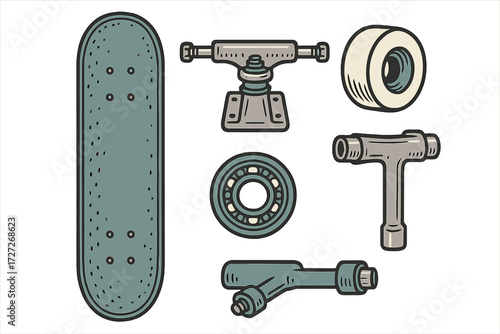 Skateboard components shown in detailed illustrations with wheels, trucks, and bearings laid out