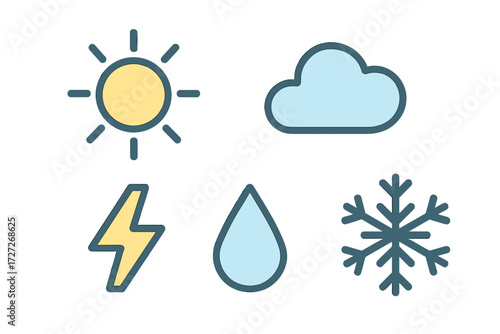 Weather symbols representing sun, cloud, lightning, rain, and snow in a simple and colorful design