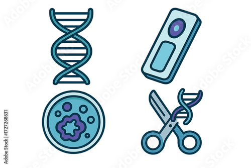 Exploration of genetic research with DNA strands, test kits, cells, and scissors for editing