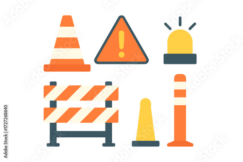 Traffic cones, warning signs, and safety lights highlighting road construction and safety measures