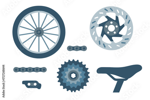Bicycle parts laid out on a clean surface displaying components for repair and assembly on a sunny day