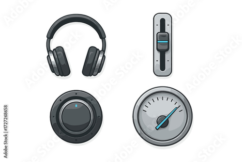 Icons representing audio equipment, controls, and sound measurement in a digital design