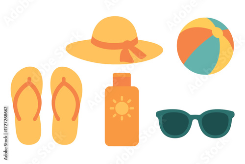 Colorful beach essentials featuring flip flops, hat, sunglasses, sunscreen, and beach ball for a fun summer day