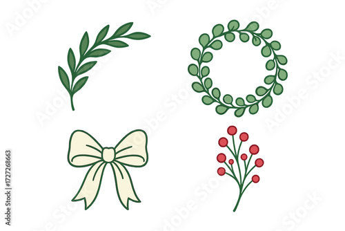 Decorative green foliage and holiday elements with a bow, leaves, and berries designed for seasonal celebrations