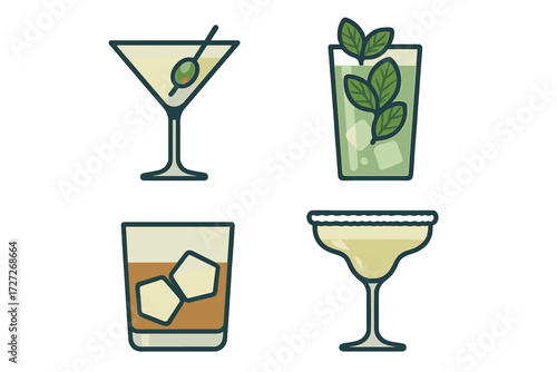 Four refreshing cocktails displayed on a simple background showcasing a martini, mojito, whiskey glass, and margarita