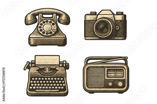 Vintage communication tools including telephone, camera, typewriter, and radio displayed together in a classic style illustration