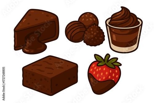 Treat yourself to an assortment of delightful chocolate desserts and a fresh strawberry for a sweet experience
