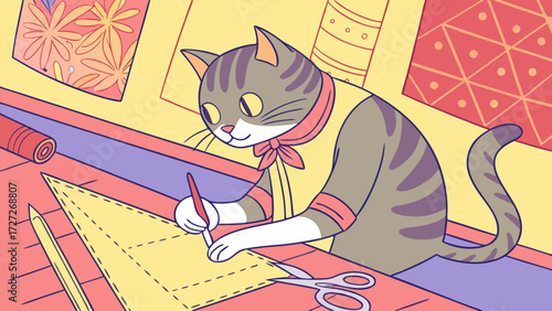 Cat tailor is drawing pattern on fabric for sewing clothes