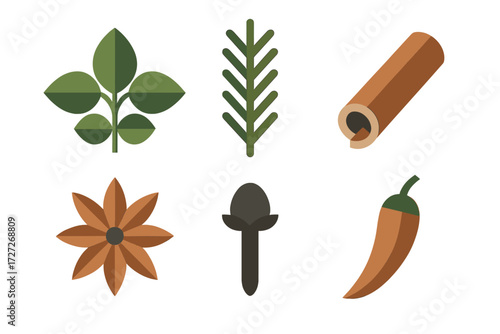 Collection of herbs and spices showcasing various organic shapes and colors in a minimalistic design