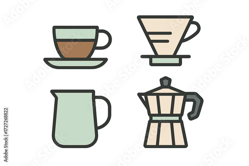 Different coffee brewing tools and a cup on a saucer displayed on a light background with a modern design