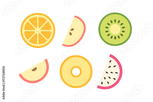 Colorful fruit slices showcasing a variety of tropical flavors and textures on a clean background