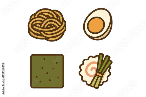Delicious Japanese ramen ingredients displayed together on a light background