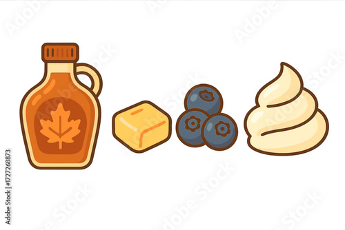 Delicious breakfast toppings with maple syrup, butter, blueberries, and whipped cream for pancakes and waffles
