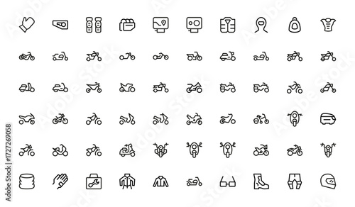 Modern motorcycle icons in flat minimal outline style. Perfect for bikers, motorbike clubs, repair shops, delivery services, travel adventures, and motorcycle industry design projects.