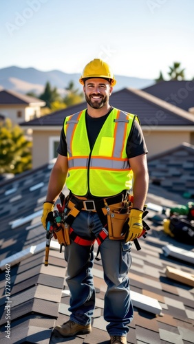 Roofer with safety helmet stands on roof, smiling, wearing reflective vest, black t-shirt, tool belt. Concept of roofer with safety helmet highlighting protection and professionalism.