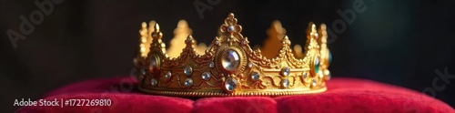 A radiant golden crown, adorned with intricate carvings and sparkling gemstones, sits majestically on a velvet cushion Perfect for fantasy, mythology, and royalty themes , carving, elegant, ancient