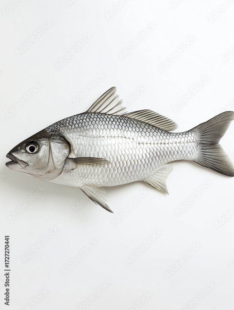 Fototapeta premium Fresh silver fish displayed on white background for seafood meals 